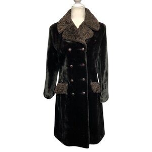 Vintage Black Faux Fur Peacoat Trench Borg Deep Pile Velvet Fabric Size M
